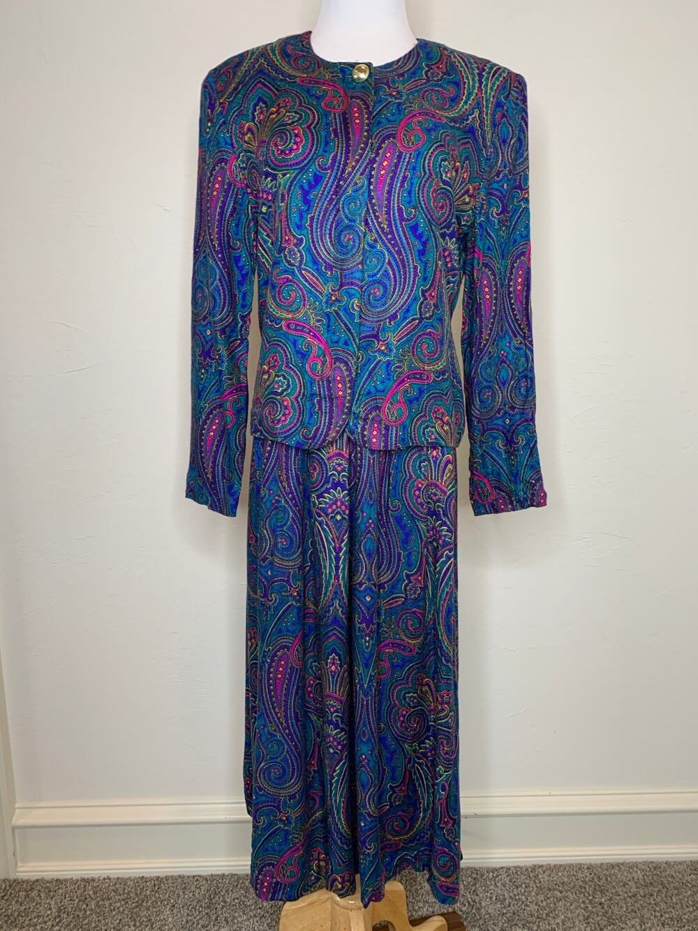 90s Vintage Turquoise Pink Paisley Top Skirt Set Sz  XS